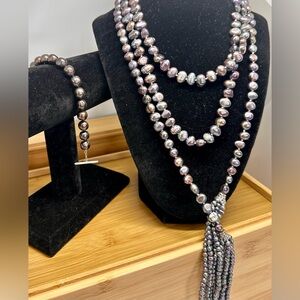 Artisan Purple Gray Pearl Lariat Tassel Necklace & Pearl Heart Toggle Bracelet